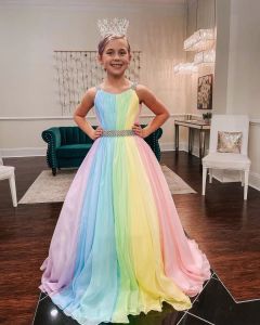 Rainbow Chiffon Little Girl Pageant Jurken 2022 Straps-hals Meisjes Prom-jurken Zipper V Back Mouwloze A-lijn Lange Kids Formele Party Verjaardag Princess Wear CG001