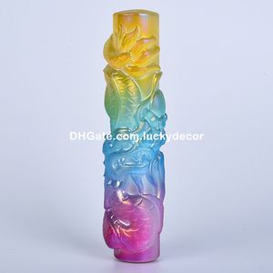 Arco iris Tótem chino Dragón Satén Spar Pilar Cilindro Arte Decoración Titanio Recubierto Aura Tallado Selenita Natural Cristal de Cuarzo Piedra Columna Estatua Amuleto Talismán