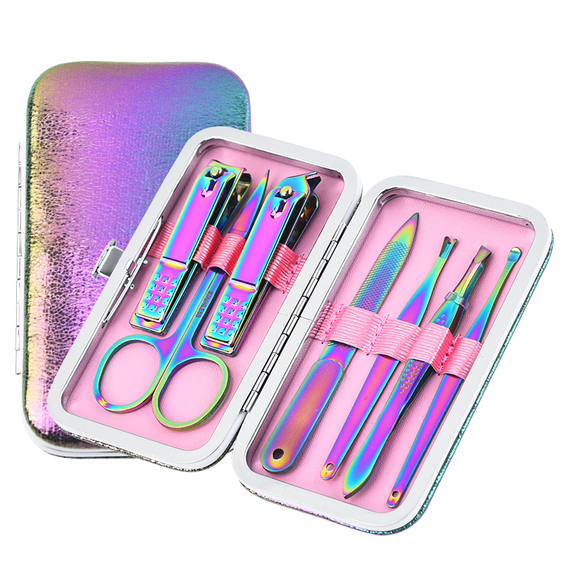 Rainbow Color 1 Set of 7 pcs Nail Manicure Set Hand Care and Foot Care Nail Clippers Cuticle Nipper Stainless Steel Tools