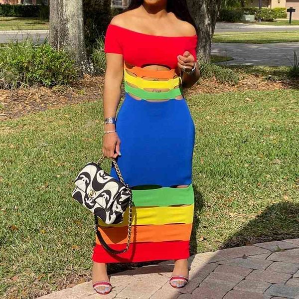 Rainbow Color Block Ripped Slim Maxi Dress Casual Summer Off Épaule Évider Robes De Soirée 210521