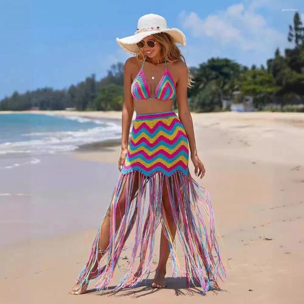 Rainbow Color Knitted Women 2 piezas Set Sexy Bikini Bikini Faldas de borde de bikini encubrimiento 2024 Summer Holiday Beach Traje de baño