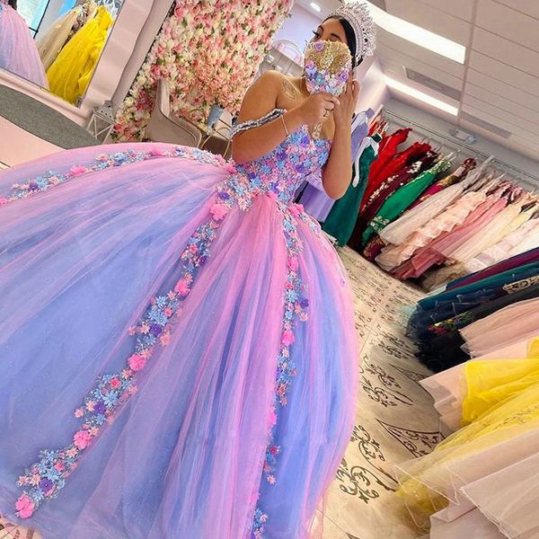 Arc-en-ciel coloré Quinceanera robes à la main fleurs robe de bal robes de bal Glittler Tulle doux 15 16 filles robe de fête d'anniversaire 326 327