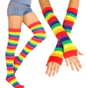 Conjunto de disfraz de arcoíris Calcetines hasta la rodilla a rayas Calentador de brazos Conjunto de guantes sin dedos para adultos adolescentes Halloween Cosplay Disfraces de Navidad Ropa de escenario BJ