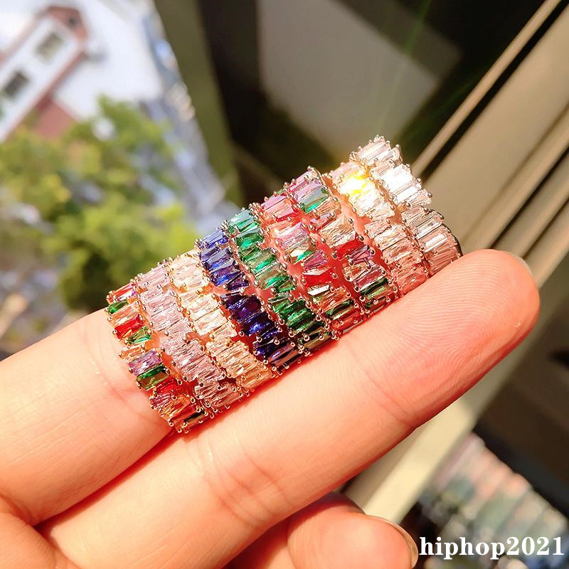 Rainbow Crystal Stacking Cubic Zircon Ring Färgglada Baguette Bröllopsengagemang för Kvinnor Diamond Rings