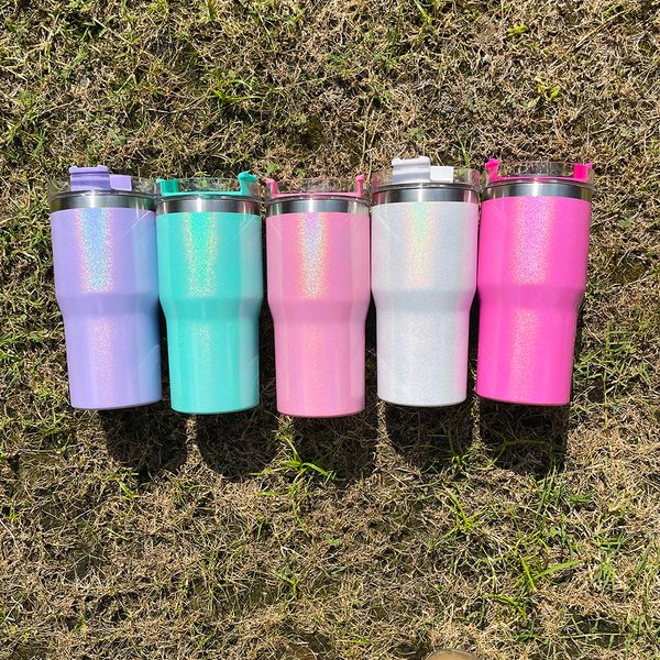 Rainbow lindo mini taza de viaje Sparkle iridiscente 20 oz niños brillante brillo holográfico vaso de sublimación en blanco con tapa y pajita, se vende por caja