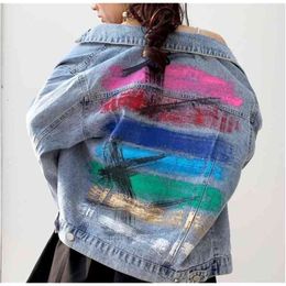 Arc-en-ciel Doodle Denim Veste pour Femme Multicolore Peint À La Main Hip Hop Femme Manteau Automne Hiver Chic Outfit 210603