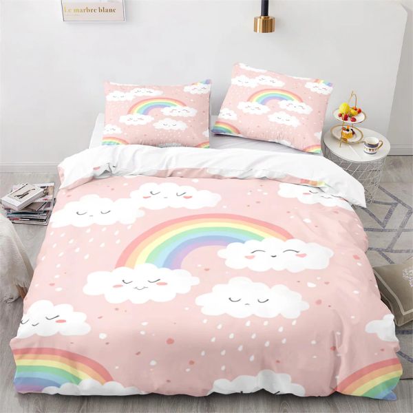 Ensemble de couvercle de couette arc-en-ciel Love Lapin Eart mignon Kawaii Match Couvrotte Cover King Queen Twin Ensembles de literie en polyester pleine grandeur