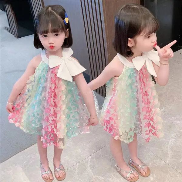 Arc-en-ciel fleur fille robe princesse été sans manches arc o-cou enfant en bas âge enfants bébé enfants filles vêtements 2-7Y 240116