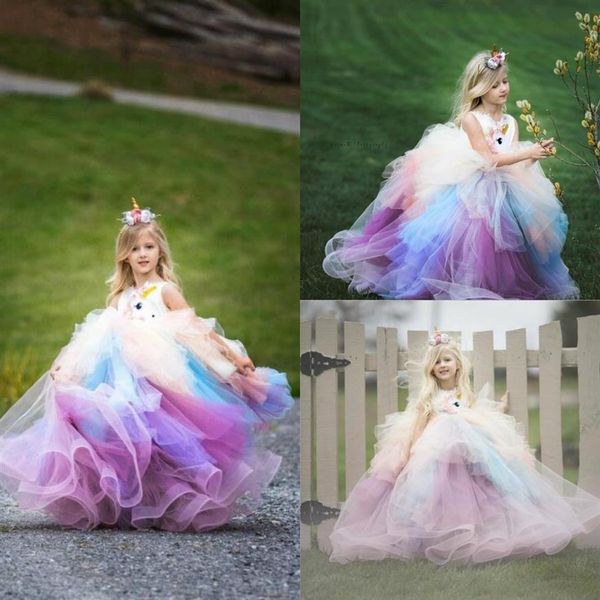 Arc-en-ciel Robes De Fille De Fleur Pour Le Mariage Dentelle Appliques Anniversaire Porter Des Jupes À Niveaux Robe De Première Communion Tulle De Luxe Filles Pagean277R