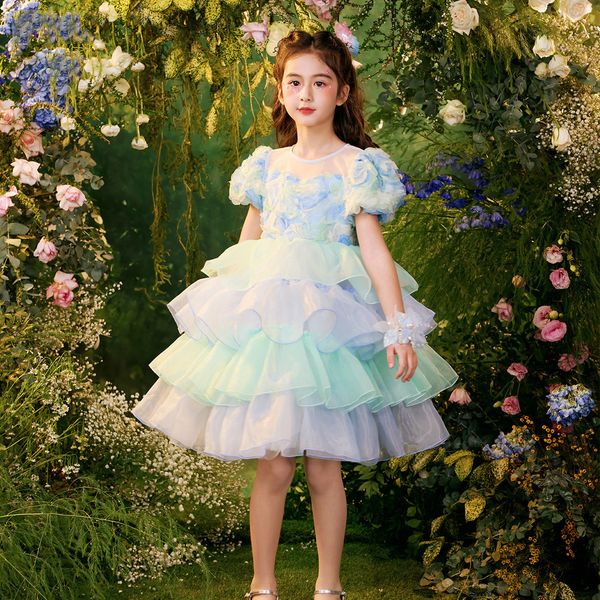 Robes de filles à fleurs arc-en-ciel pour les mariages scoop ruffles en dentelle en tulle perles princesse sans enfants robes de fête d'anniversaire de mariage