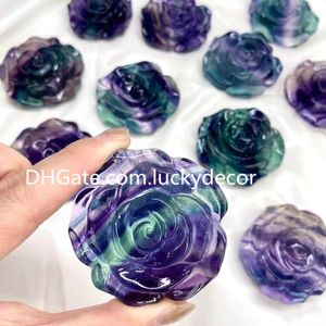 Rainbow Fluorite Rose Sculpture Love Spell Collection de cadeaux en cristal Reiki Natural Amethyst Quartz Flower Sculpture Spécimen Rosette Floral Meditation Gemstone