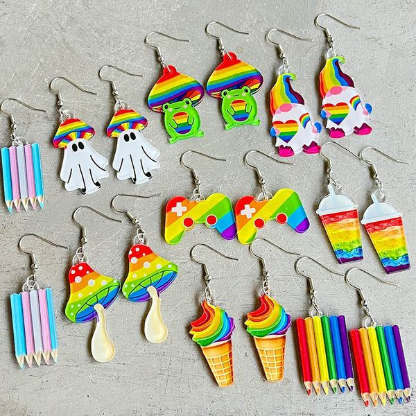 Rainbow Game Machine Champignon Elf Summer Beverage Colorful Pen Acrylique Fun Boucles d'oreilles