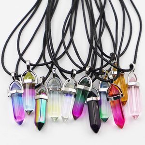 Regenboog glas zeshoekige kolom punt lederen koord ketting hanger cilindrische charmes mineralen genezing kristallen sieraden