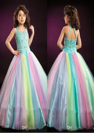 Robes de concours Rainbow Glitz Girls Robes Halter Neck Crystal Sans manches en manches Bouches de ballon Longueur du sol Tentes Prom Dress5247211