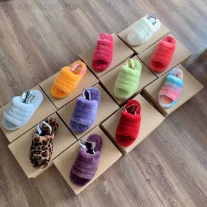 Rainbow Gradient Australian Australia Yeah Slipper Faux Fur Fluffy Glaides Sandaal Women Men Men Designer Sherpa schoenen Furry Fluff Sheepskin