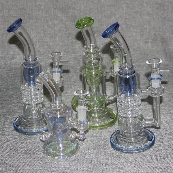 Rainbow Green Blue 3 estilos Reciclador Bongs de agua de vidrio Grueso Glass Dab Rigs Pipas de agua Vaso Bong Heady Oil Rig Bubbler para fumar