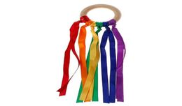 Regenbooghand vliegers houten ring lint streamer loper speelgoed dansende ring sensorische lint windwand voor verjaardagsfeestje gunsten kerst 3595381