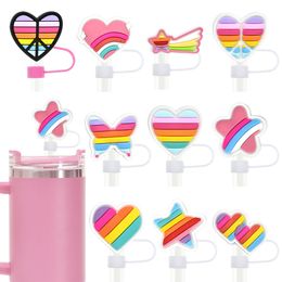 Couvercles de paille en forme de cœur arc-en-ciel pour tasse Stanley, décoration de paille de 0,4 pouces pour gobelet Stanley de 30/40 oz avec poignée, embouts de paille roses réutilisables, couvercles, accessoires de tasse