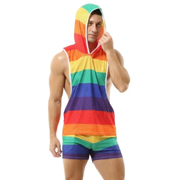 Rainbow Hooded Mens Tops Mesh Breathable Sexy Sexy V-Neck Vests Men Shorts Streetwear Tops Tee Sports Fitness Singlets 240329