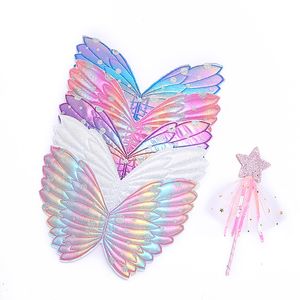 Ailes de papillon arc-en-ciel pour enfants, Costume de danse pour filles, déguisement d'aile et bâton de fée