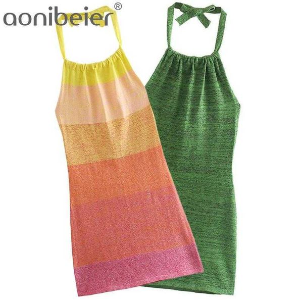 Rainbow Knit Casual Holiday Beach Dress Verano sin mangas Backless Halter Neck Mujeres Bodycon Mini Slim Green 210604