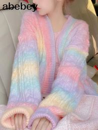 Cardigan tricoté arc-en-ciel pour femme, automne-hiver, doux, pull Kawaii, manteau, Long, coréen, boutonné, automne 2023, 240126