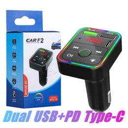 Chargeur de voiture LED arc-en-ciel Transmetteurs FM F2 BT5.0 Double USB Charge rapide PD Type C Ports Récepteur audio mains libres Lecteur MP3 automatique pour téléphones portables