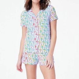 Rainbow Monkey Imprimé confortable Pyjama Y2K Vintage à manches courtes Short Short Short 2 Pièces Setfits Femmes Femmes Sleeillerie 240415