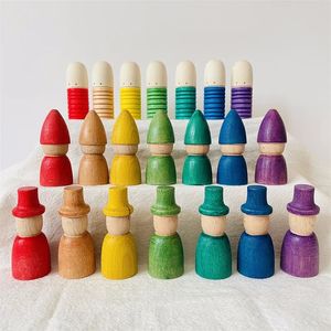 Rainbow Peg Dolls Set Baby Figura de madera Bloques Constructor Niños Montessori Juguete educativo Juego abierto Juguetes para niños 240110