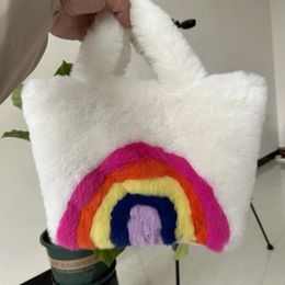 Arc-en-ciel en peluche une épaule sac à main grande capacité femmes lapin cheveux sac à bandoulière grande capacité sac à main 231226