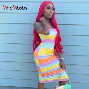 Rainbow Print Striped Tube Top Midi Dress Elegante Casual Ropa de moda Mujeres Strapless Fruncido Sexy Bodycon Vestidos Verano 210517