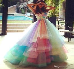 Rainbow prom jurken baljurk 2020 sweetheart gelaagde tule kleurrijke prom zoete 16 feestjurk met bloemen quinceanera jurk even8594195