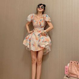 Rainbow Regendruppels Bloemen Slanke Puff Sleeve Dress Chic Bandage Mid-Length Big Swing Jurken Sweet Spring / Summer Korean 210527