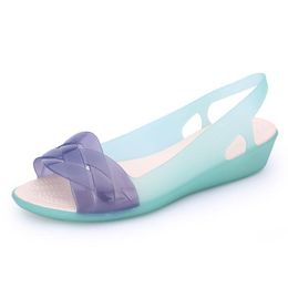 Regenboog sandalen jelly schoenen vrouwen wiggen sandalias vrouw sandaal zomer snoep kleur piepen teen bohemia strand zoete slipper schoenen meisje