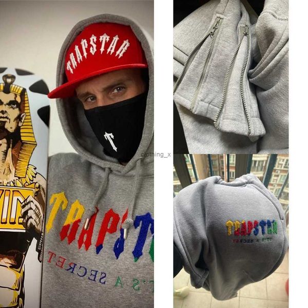 écharpe arc-en-ciel broderie peluche Trapstar sweat à capuche fermeture à glissière pantalon à capuche mode sweat à capuche pour hommes hip hop sweat à capuche vêtements de sport décontractés