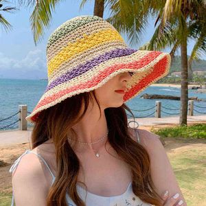 Regenboog strohoed voor vrouwen zomer zon vizier handgemaakte haak grote rand emmer hoeden dames strand zon hoed boho meisje mode caps G220301