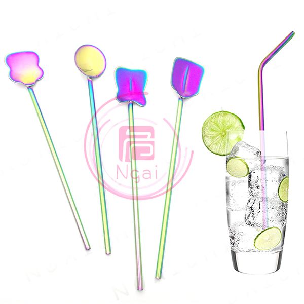 Rainbow Straws Suckers Pailles en acier inoxydable Set Miroir Poli Suckers Boissons Boissons de paille courbées Pailles droites 4pcs / set 201116