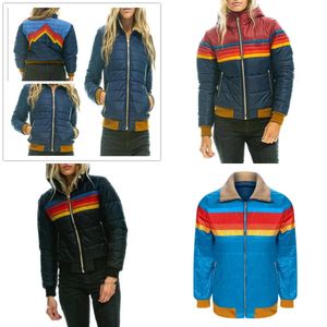 Rainbow Stripe imprimé veste à capuche mince Femme parka coton hivernal pour manteau de taille plus