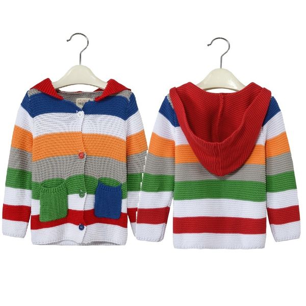 Arc-en-ciel rayé enfants cardigans bébé filles manteaux vêtements garçon pull laine tricoté à capuche enfants vestes fille pulls 3-10 ans 210413