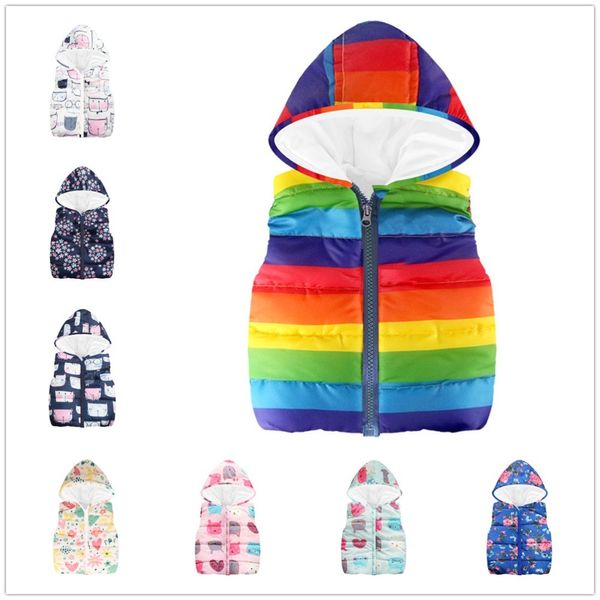 Chaleco a rayas de arco iris para niños, ropa para bebés, chalecos para niñas, abrigo para niños, chaqueta sin mangas, camisetas sin mangas, sudaderas con capucha, traje para niños de lana 2-7Y 210413