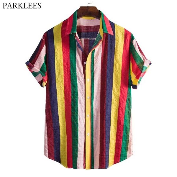 Rainbow Striped Hawaiian Beach Shirt Hommes Mode À Manches Courtes D'été Tropical Aloha Chemises Casual Vacances Vacances Vêtements 210522