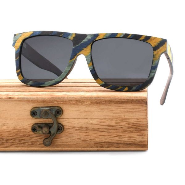 Gafas de sol de madera maciza con montura grande y patrón irregular de rayas arcoíris para hombre