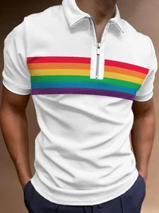 Regenboog gestreepte gedrukte poloshirt zomerontwerp golf shirts voor mannen multicolor mode tops casual outdoor oversized kleding 240520