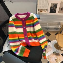 Regenboog Gestreepte Trui Vrouwen Herfst Koreaanse Stijl O Hals Lange Mouw Hart Knoppen Cropped Vest Gebreide Jas Tops Jumper 240219