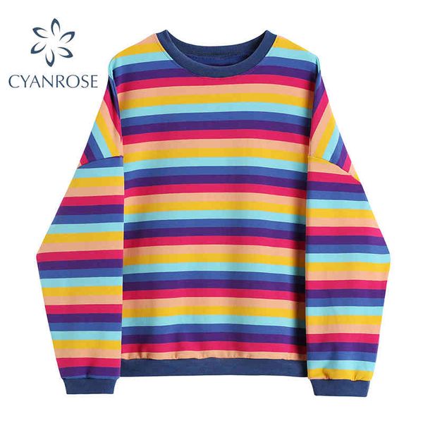 Rainbow Striped Sweatshirts Femmes Pull À Manches Longues Streetwear Sportswear Femme Surdimensionné Relax Coréen Harajuku Ins Top 210417