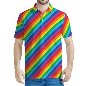 Regenboogstrepen geometrisch patroon poloshirts voor mannen 3D geprinte korte mouwen Casual straatbutting shirt Summer Rapel Tees 240509