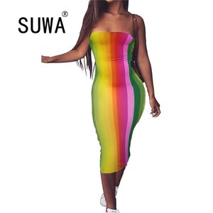 Rainbow Stripes Imprimé Bodycon Midi Robes Pour Femmes Été En Gros Soirée Festival Robe Sexy Gratuit 210525