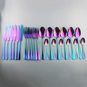 Rainbow Tableware Set 18/10 en acier inoxydable 24pcs vaisselle couteau fourchette cuillère couverts ensemble dîner occidental argenterie coffret cadeau 211112
