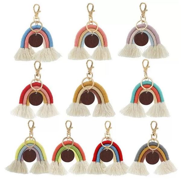 Arc-en-ciel gland porte-clés porte-clés avec bricolage bois rond pour les femmes à la main porte-clés petit ami cadeau fille mignon porte-clés breloque pour sac