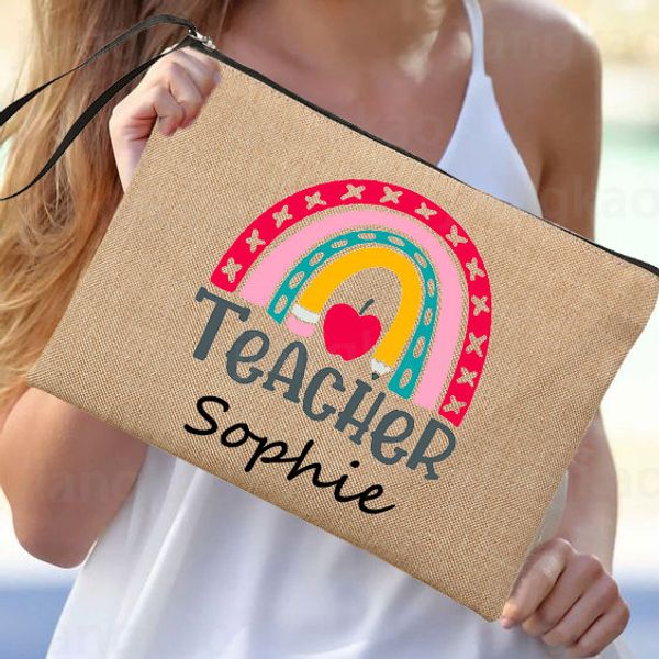 Estuche de lápices Rainbow Teacher, nombre personalizado, suministros de papelería de lino, bolsas de almacenamiento, bolsa de maquillaje de viaje, los mejores regalos